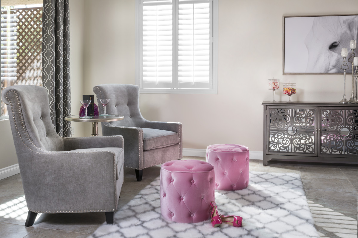 St. George pink living room with shutters